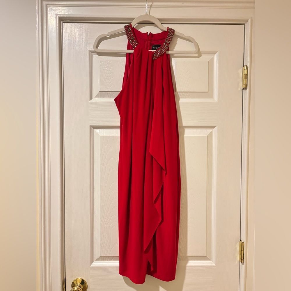 XSCAPE Red Embellished Halter Sleeveless size 14 Knee Length Draped Dress